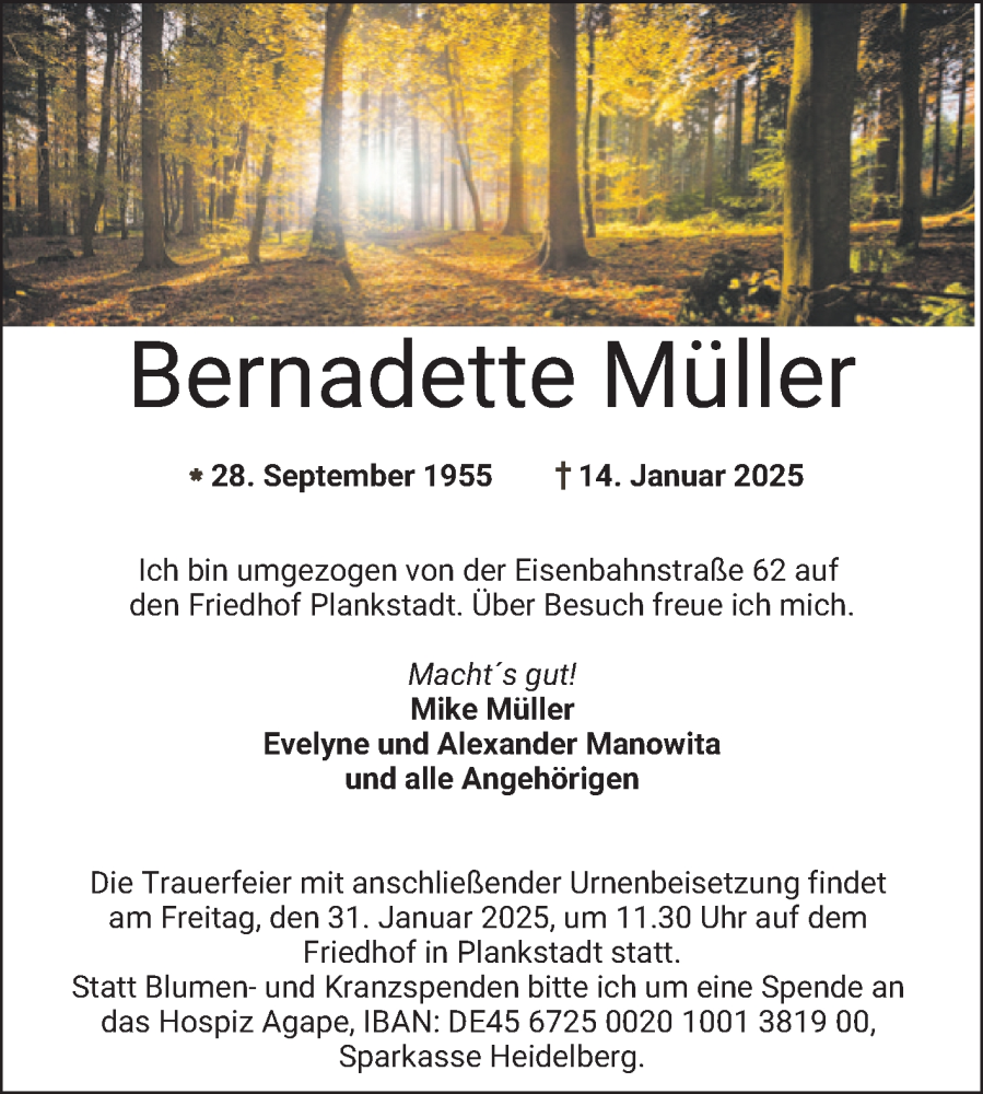  Traueranzeige für Bernadette Müller vom 18.01.2025 aus Schwetzinger Zeitung