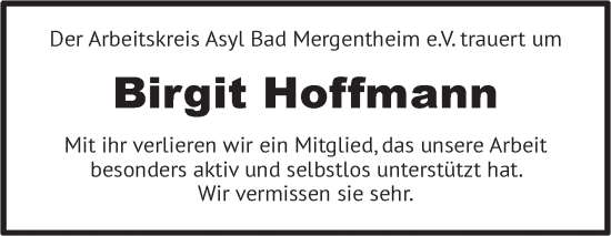 Traueranzeige von Birgit Hoffmann von Fränkische Nachrichten