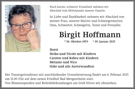 Traueranzeige von Birgit Hoffmann von Fränkische Nachrichten