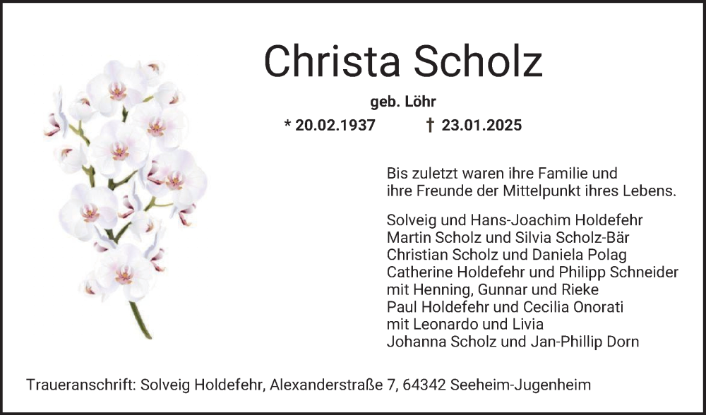  Traueranzeige für Christa Scholz vom 01.02.2025 aus Bergsträßer Anzeiger