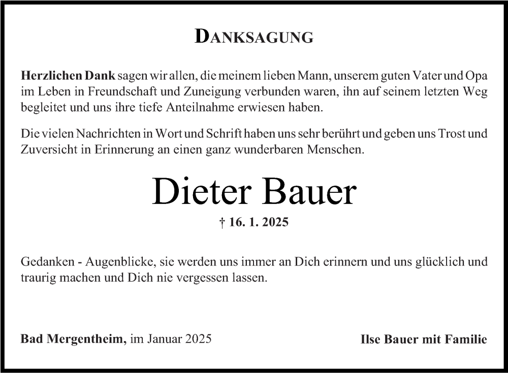  Traueranzeige für Dieter Bauer vom 31.01.2025 aus Fränkische Nachrichten