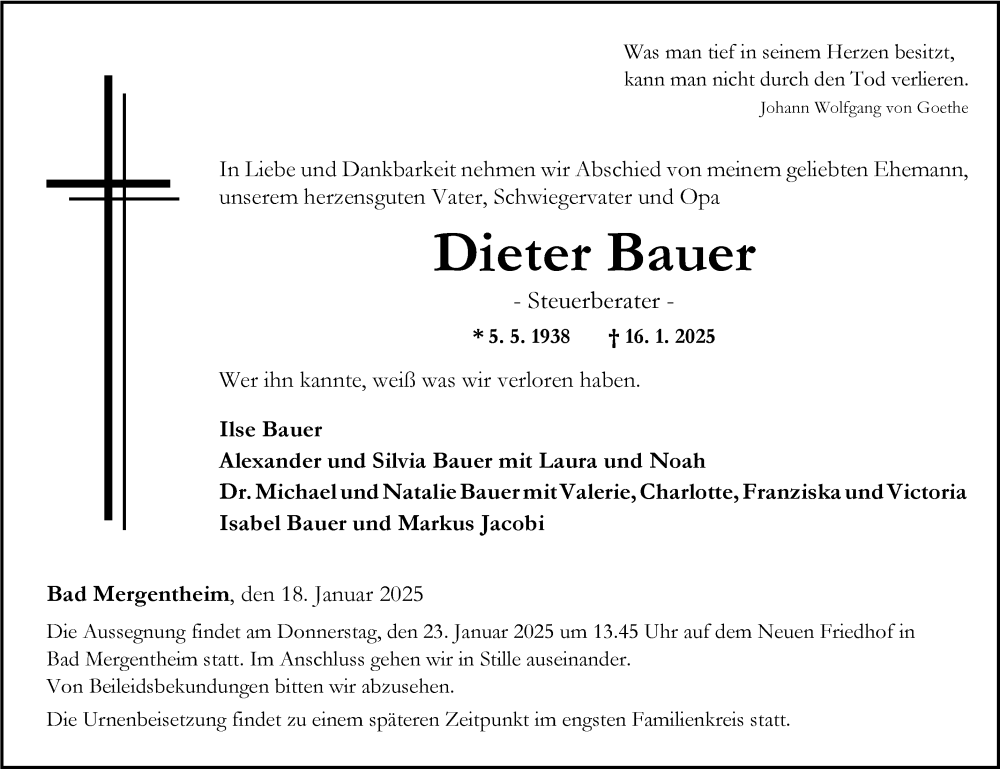  Traueranzeige für Dieter Bauer vom 18.01.2025 aus Fränkische Nachrichten