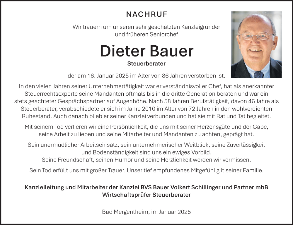  Traueranzeige für Dieter Bauer vom 21.01.2025 aus Fränkische Nachrichten