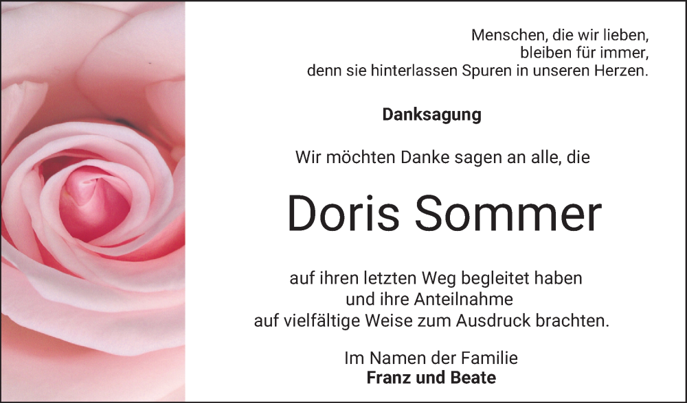  Traueranzeige für Doris Sommer vom 18.01.2025 aus Mannheimer Morgen