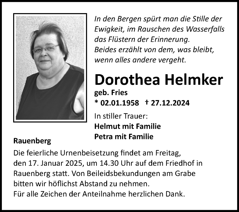  Traueranzeige für Dorothea Helmker vom 11.01.2025 aus Fränkische Nachrichten