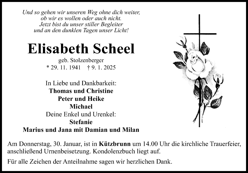  Traueranzeige für Elisabeth Scheel vom 25.01.2025 aus Fränkische Nachrichten