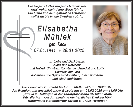 Traueranzeige von Elisabetha Mühlek von Fränkische Nachrichten