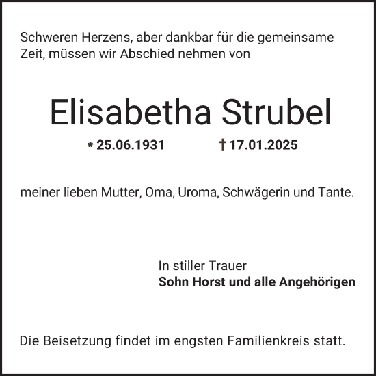 Traueranzeige von Elisabetha Strubel von Bergsträßer Anzeiger