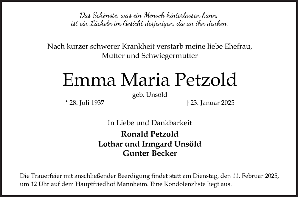  Traueranzeige für Emma Maria Petzold vom 01.02.2025 aus Mannheimer Morgen