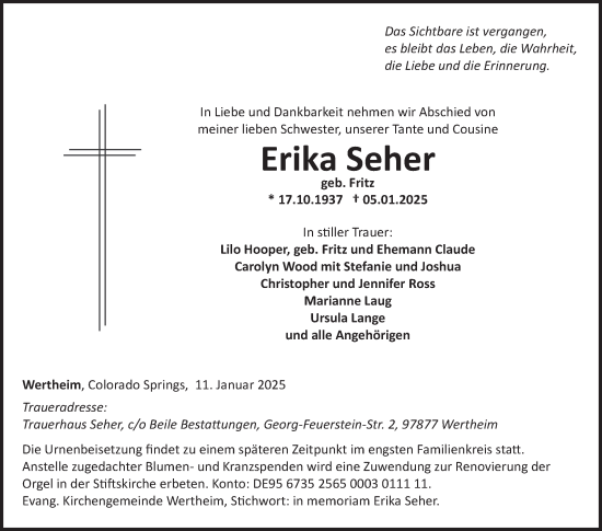 Traueranzeige von Erika Seher von Fränkische Nachrichten