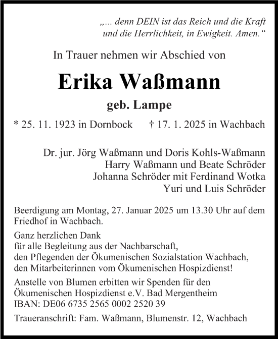 Traueranzeige von Erika Waßmann von Fränkische Nachrichten