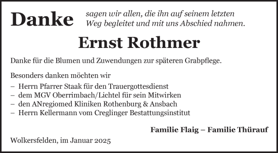 Traueranzeige von Ernst Rothmer von Fränkische Nachrichten