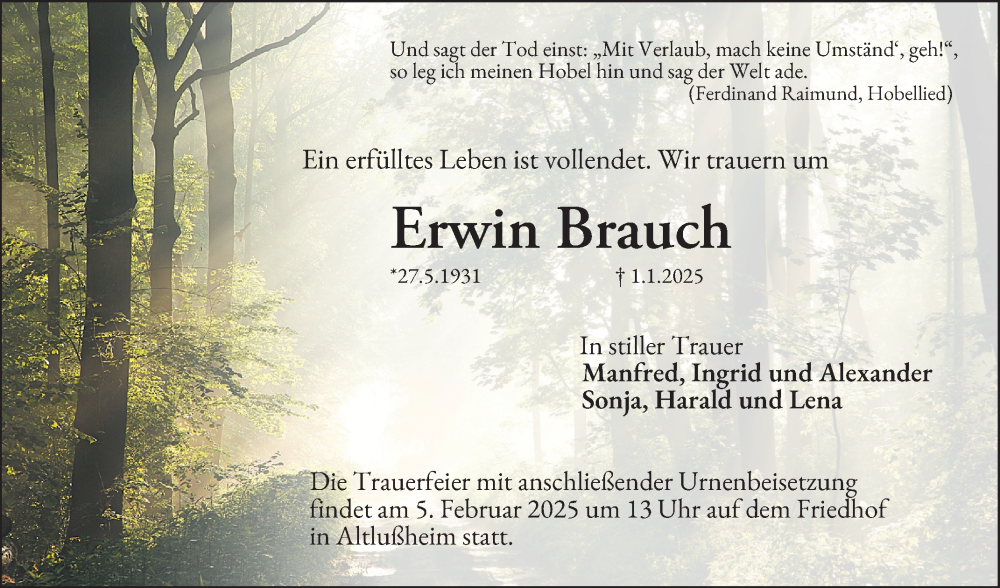  Traueranzeige für Erwin Brauch vom 01.02.2025 aus Schwetzinger Zeitung