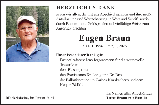 Traueranzeige von Eugen Braun von Fränkische Nachrichten
