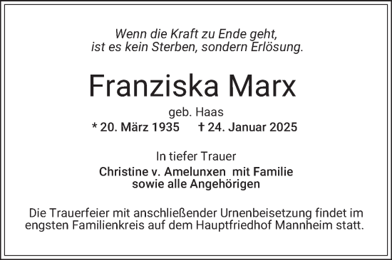 Traueranzeige von Franziska Marx von Mannheimer Morgen
