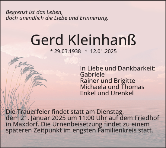 Traueranzeige von Gerd Kleinhanß von Mannheimer Morgen