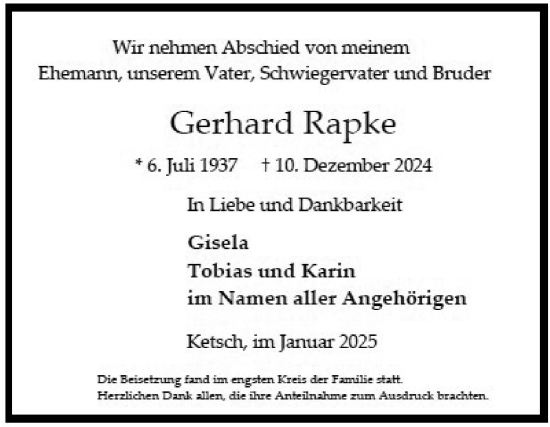 Traueranzeige von Gerhard Rapke von Schwetzinger Zeitung