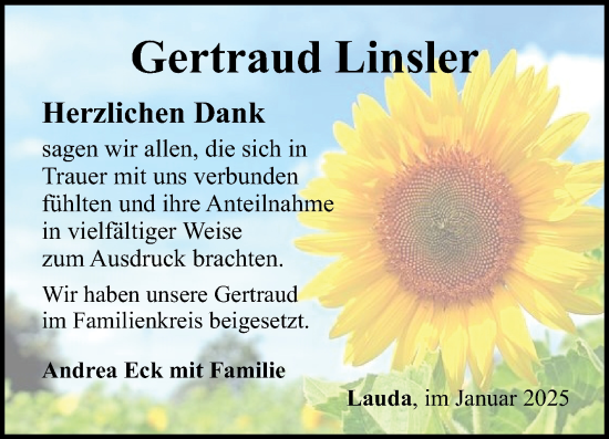 Traueranzeige von Gertraud Linsler von Fränkische Nachrichten
