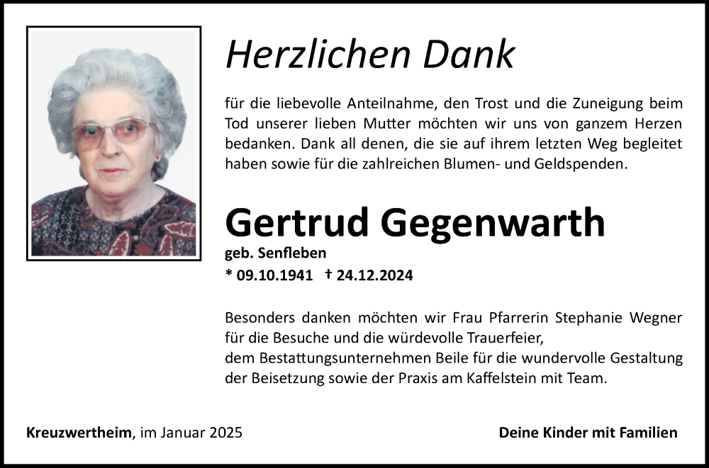  Traueranzeige für Gertrud Gegenwarth vom 22.01.2025 aus Fränkische Nachrichten