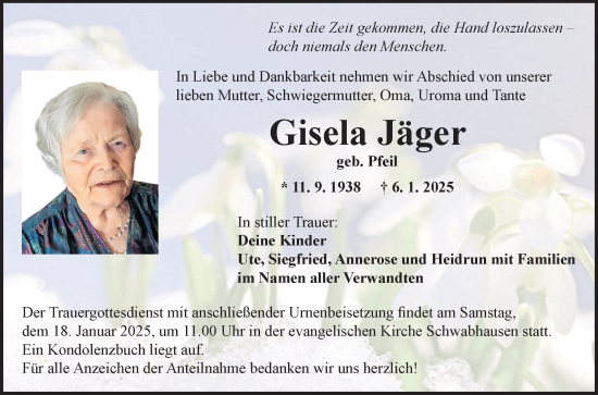 Traueranzeige von Gisela Jäger von Fränkische Nachrichten