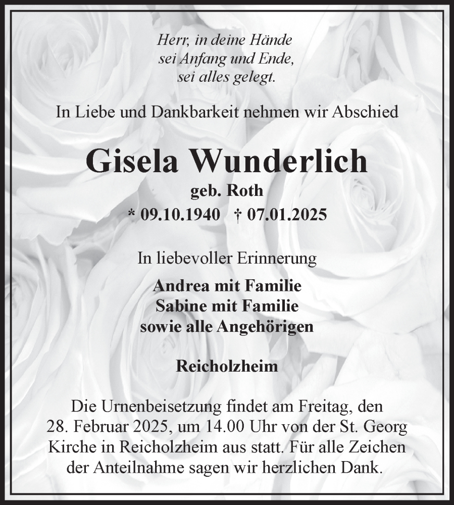  Traueranzeige für Gisela Wunderlich vom 25.01.2025 aus Fränkische Nachrichten