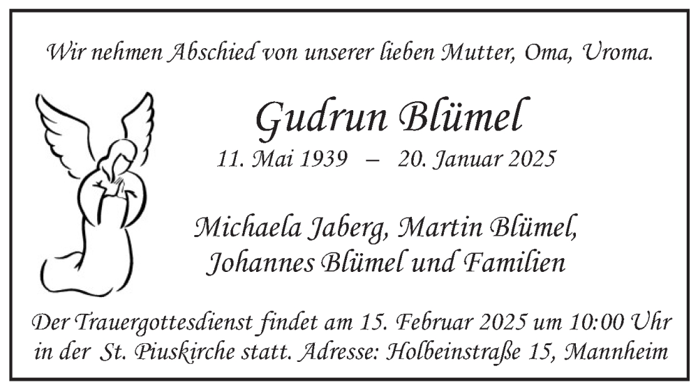 Traueranzeige für Gudrun Blümel vom 01.02.2025 aus Mannheimer Morgen
