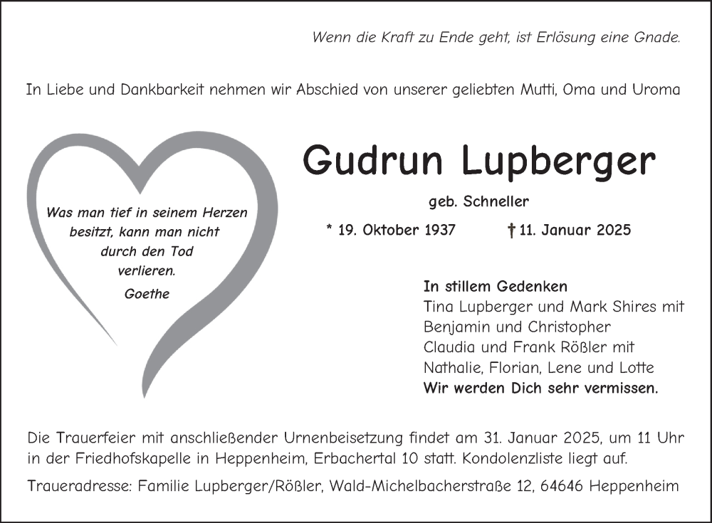  Traueranzeige für Gudrun Lupberger vom 25.01.2025 aus Bergsträßer Anzeiger