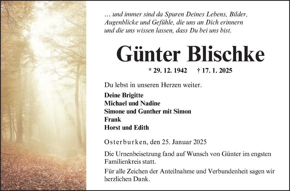  Traueranzeige für Günter Blischke vom 25.01.2025 aus Fränkische Nachrichten