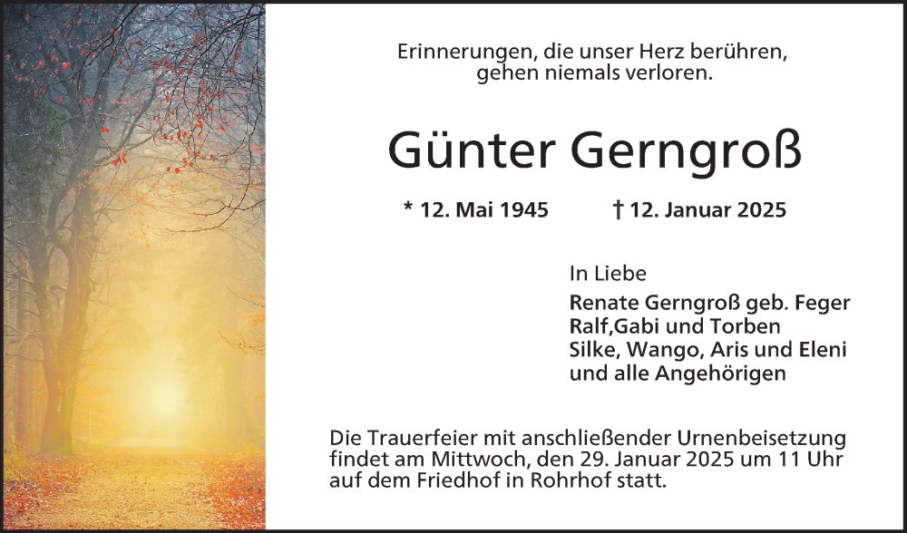  Traueranzeige für Günter Gerngroß vom 25.01.2025 aus Schwetzinger Zeitung