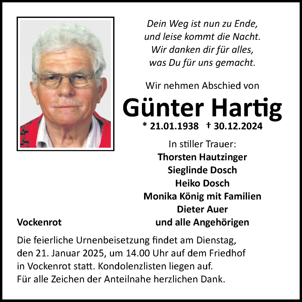  Traueranzeige für Günter Hartig vom 11.01.2025 aus Fränkische Nachrichten