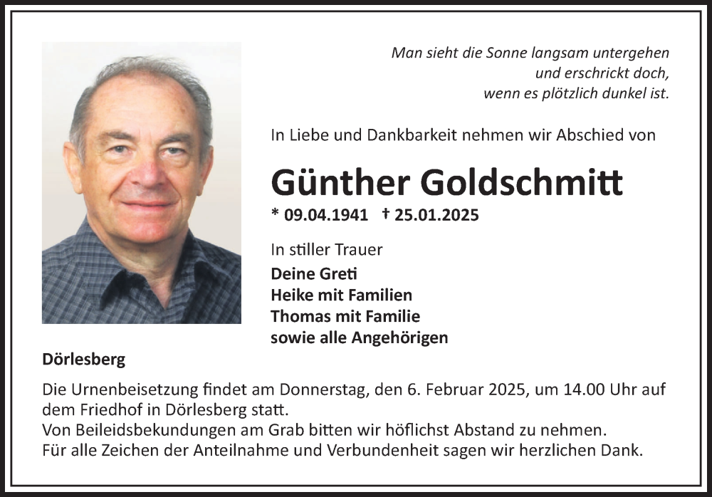  Traueranzeige für Günther Goldschmitt vom 01.02.2025 aus Fränkische Nachrichten