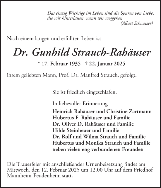 Traueranzeige von Gunhild Strauch-Rahäuser von Mannheimer Morgen