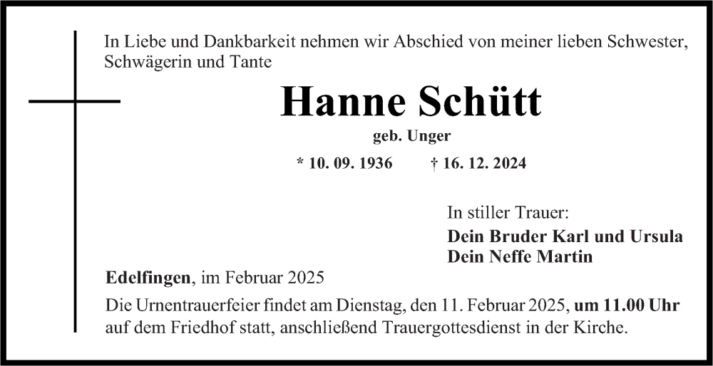  Traueranzeige für Hanne Schütt vom 01.02.2025 aus Fränkische Nachrichten
