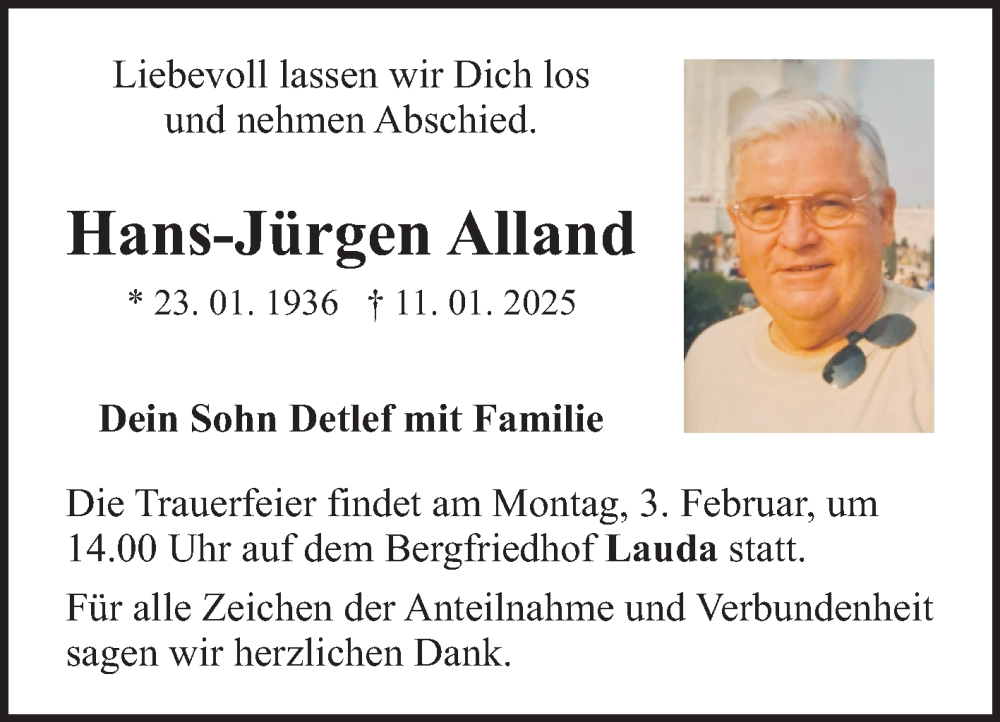  Traueranzeige für Hans-Jürgen Alland vom 28.01.2025 aus Fränkische Nachrichten