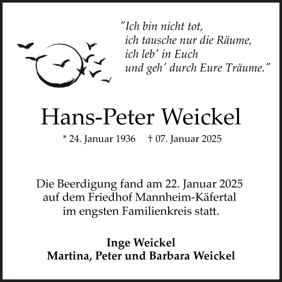 Traueranzeige von Hans-Peter Weickel von Mannheimer Morgen