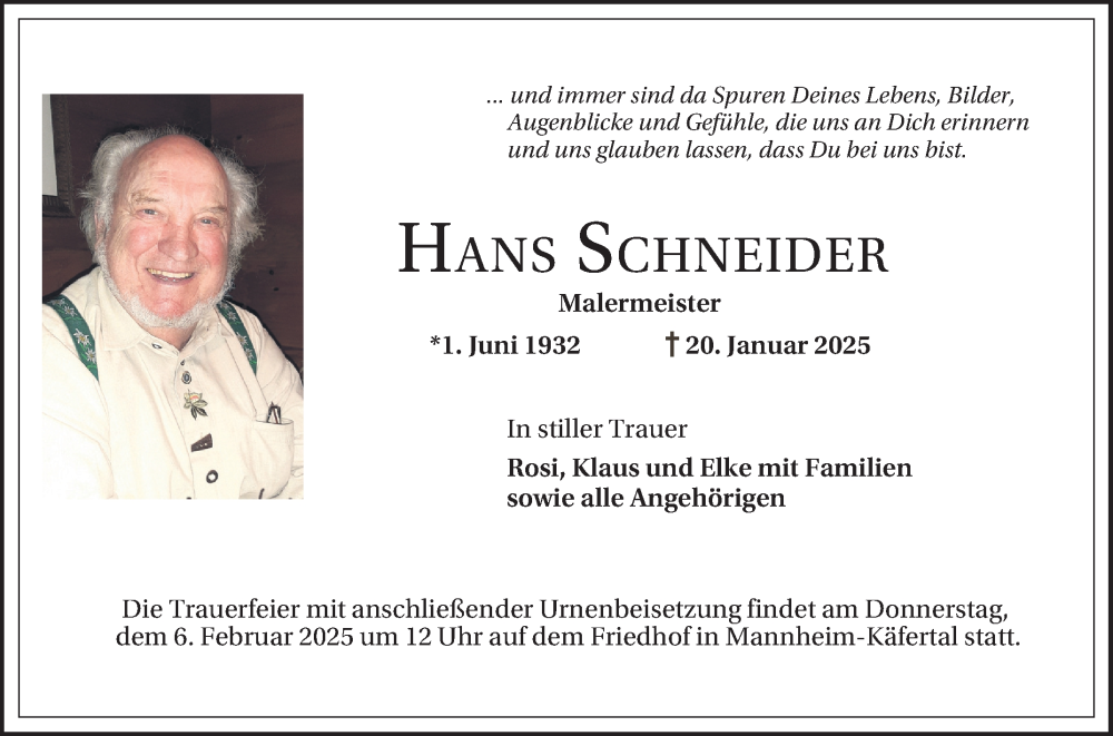  Traueranzeige für Hans Schneider vom 01.02.2025 aus Mannheimer Morgen
