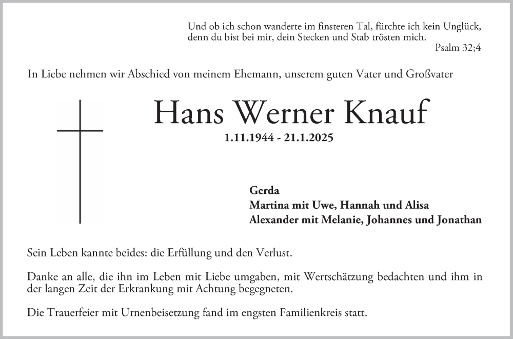  Traueranzeige für Hans Werner Knauf vom 01.02.2025 aus Bergsträßer Anzeiger