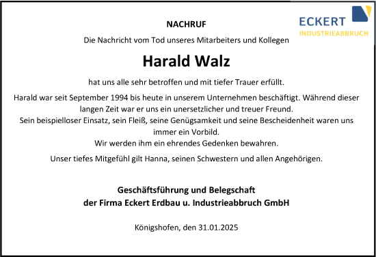 Traueranzeige von Harald Walz von Fränkische Nachrichten