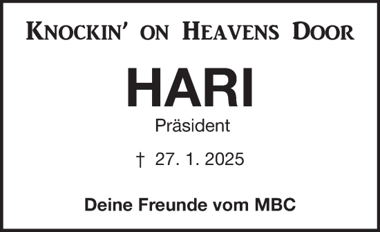 Traueranzeige von Harald Walz von Fränkische Nachrichten