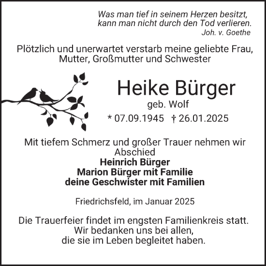 Traueranzeige von Heike Bürger von Mannheimer Morgen
