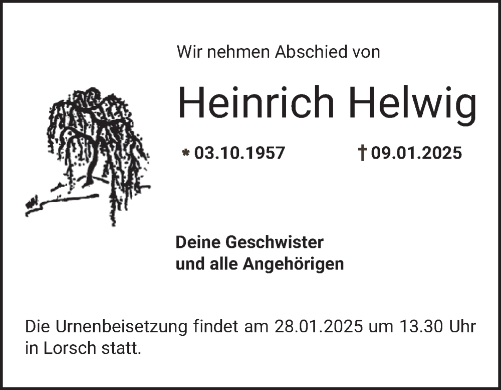 Traueranzeige für Heinrich Helwig vom 25.01.2025 aus Bergsträßer Anzeiger