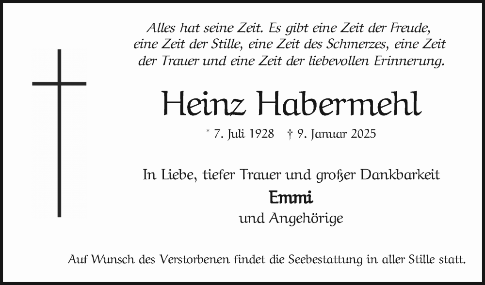  Traueranzeige für Heinz Habermehl vom 01.02.2025 aus Mannheimer Morgen