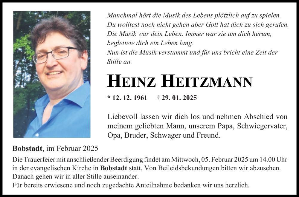  Traueranzeige für Heinz Heitzmann vom 01.02.2025 aus Fränkische Nachrichten