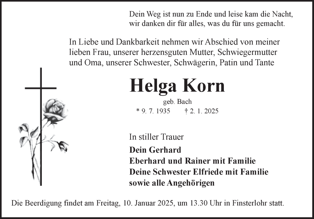  Traueranzeige für Helga Korn vom 08.01.2025 aus Fränkische Nachrichten