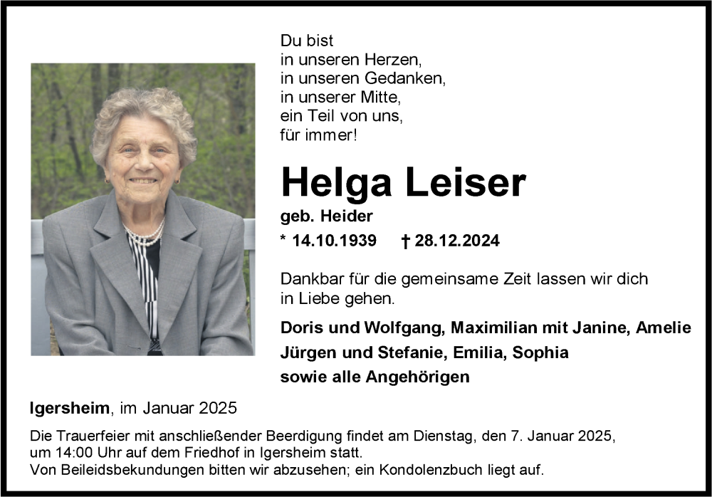  Traueranzeige für Helga Leiser vom 02.01.2025 aus Fränkische Nachrichten