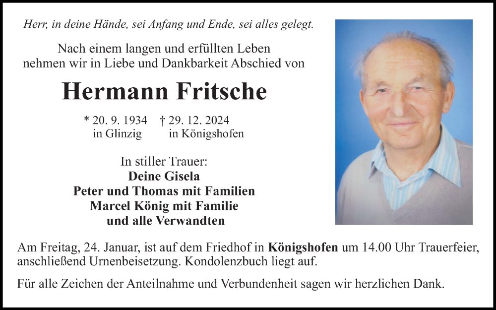  Traueranzeige für Hermann Fritsche vom 18.01.2025 aus Fränkische Nachrichten