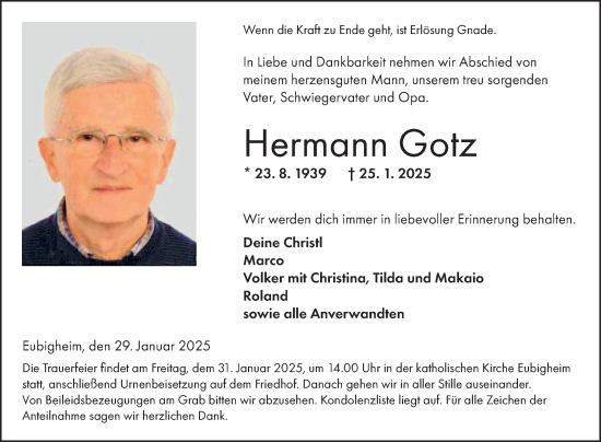 Traueranzeige von Hermann Gotz von Fränkische Nachrichten