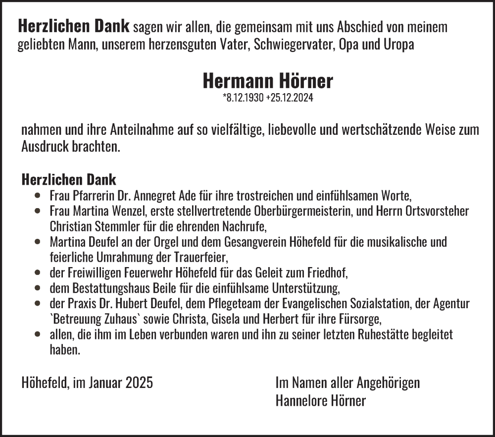  Traueranzeige für Hermann Hörner vom 18.01.2025 aus Fränkische Nachrichten