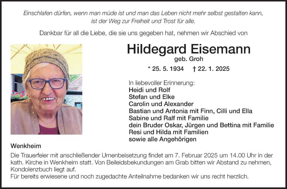  Traueranzeige für Hildegard Eisemann vom 01.02.2025 aus Fränkische Nachrichten