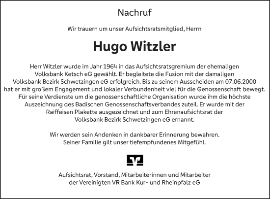 Traueranzeige von Hugo Witzler von Schwetzinger Zeitung